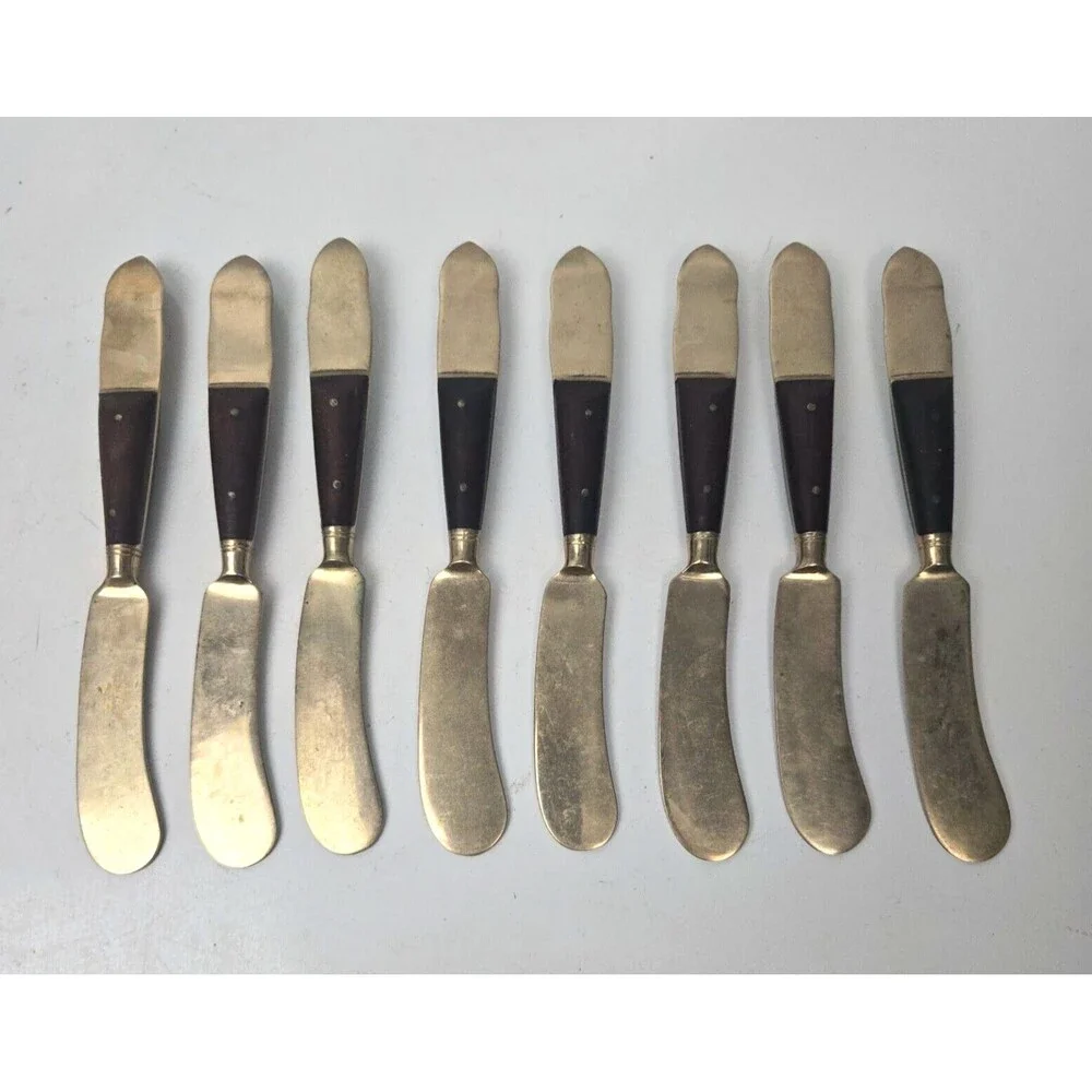 Vintage 8 Cheese Spreader Knives Buddha Bronze Brass Rosewood Siam Thailand 6” - Picture 5 of 13